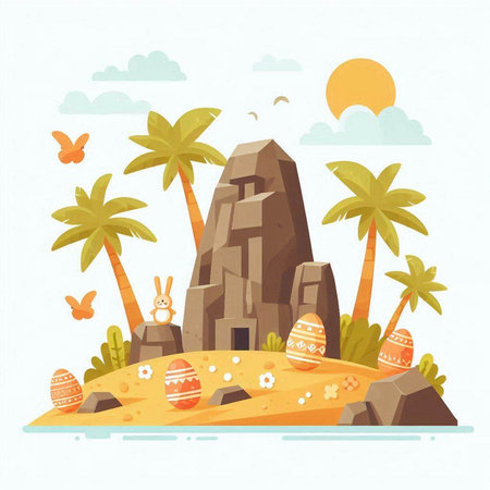 Vector illustration of a flat cartoon landscape with Easter eggs, palm trees, rocks and birdsのイラスト素材