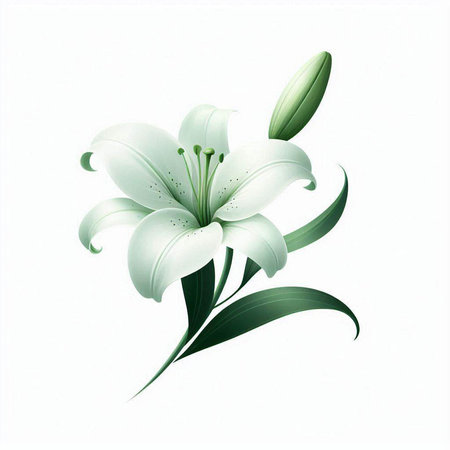 White lily with green leaves isolated on white background. Vector illustration.のイラスト素材