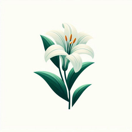 White lily with green leaves on a white background. Vector illustration.のイラスト素材