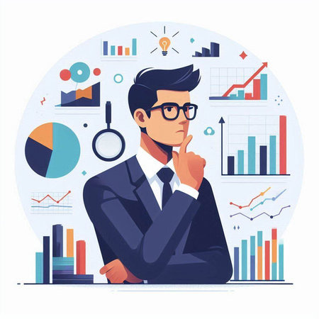Businessman thinking and looking at graphs. Vector illustration in flat styleのイラスト素材