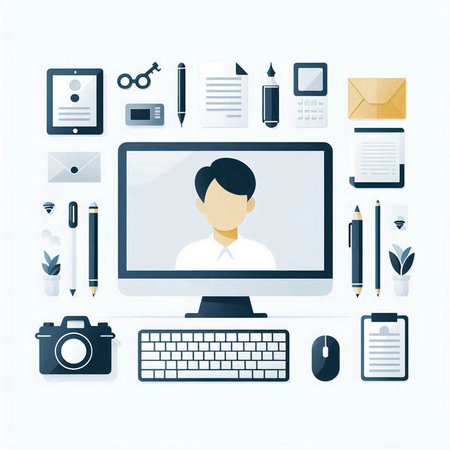 Vector illustration of workplace with computer, mobile phone and office supplies.のイラスト素材