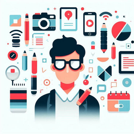 Vector illustration of a man with a pencil in his hand. Flat style.のイラスト素材