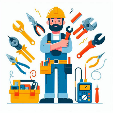 Repairman with tools. Vector illustration in a flat style.のイラスト素材