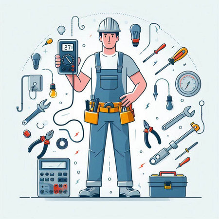 Repairman with tools and equipment. Vector illustration in thin line style.のイラスト素材