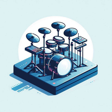 Drum set isometric vector illustration. Isometric drum kit on a blue background.のイラスト素材
