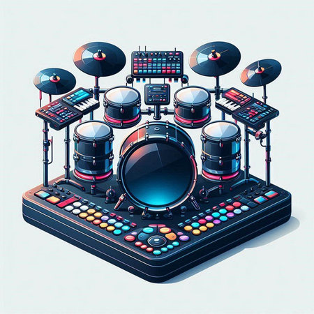 Isometric dj mixer with drum kit. 3d vector illustration.のイラスト素材