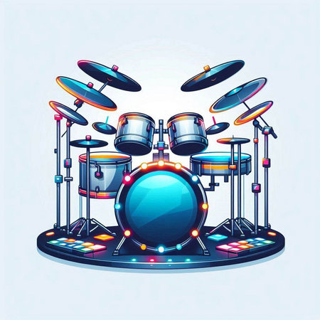 Drum set with drumsticks on blue background. Vector illustration.のイラスト素材