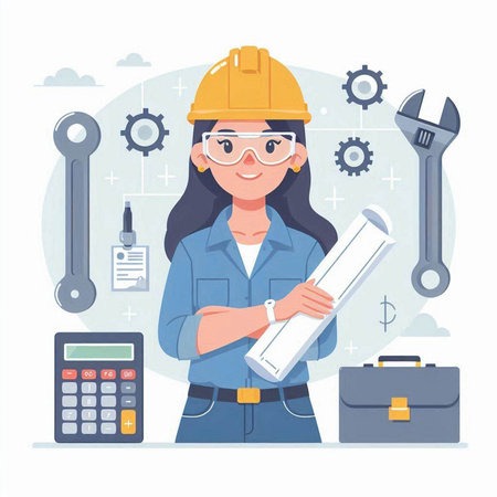 Female engineer or architect with blueprints and tools. Vector illustration.のイラスト素材