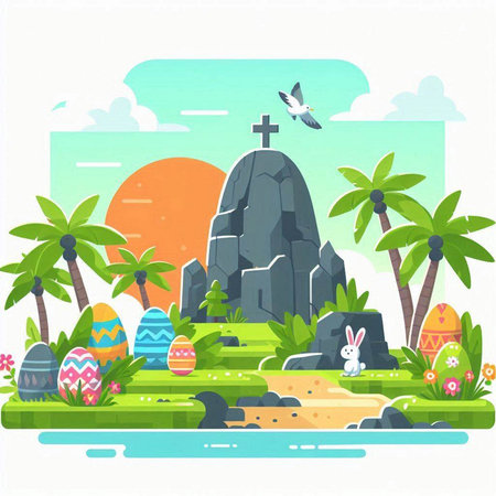 Easter landscape with eggs and flowers. Vector illustration in flat styleのイラスト素材