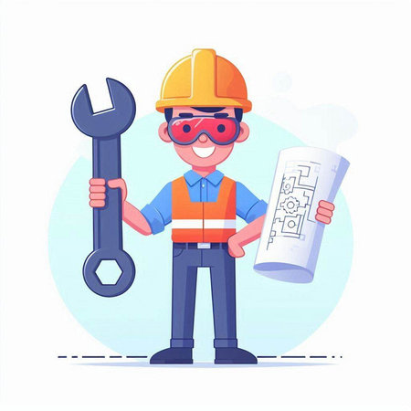 Engineer with wrench and blueprint. Vector illustration in cartoon style.のイラスト素材