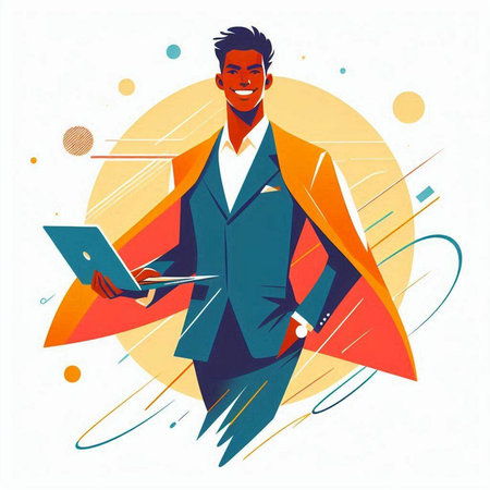 Vector illustration of a successful businessman with a laptop in his hands.のイラスト素材