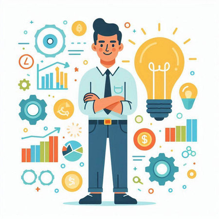 Businessman with light bulb and business icons. Vector illustration in flat styleのイラスト素材