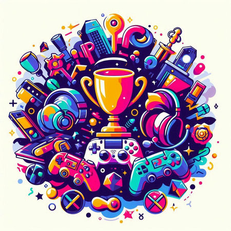 Cartoon colorful doodles hand drawn Video games illustration. Funny vector artwork.のイラスト素材