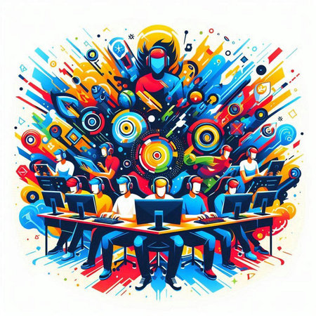 Vector illustration of a group of young people working in the office on a white background.のイラスト素材