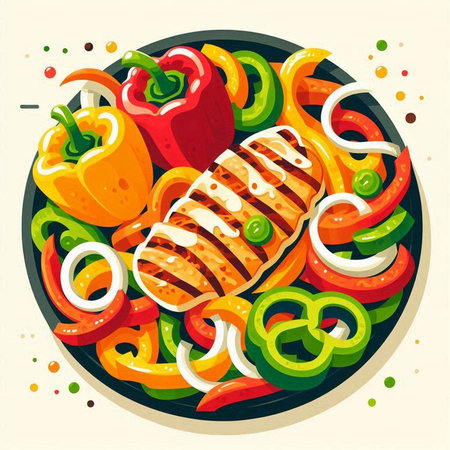 Vector illustration of Grilled chicken fillet with vegetables on a plateのイラスト素材