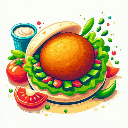 Vector illustration of fast food. Burger with tomato, cucumber, lettuce, onion and sauce.のイラスト素材