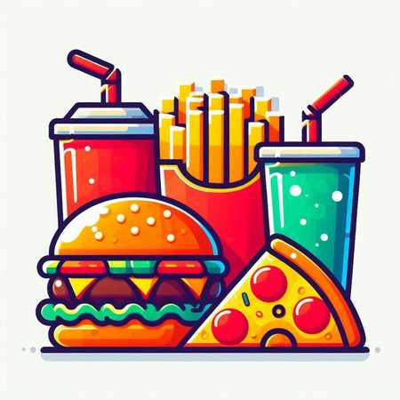 Fast food vector illustration. Hamburger, french fries, cola and pizza.のイラスト素材
