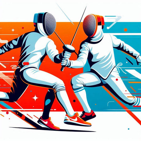 Fencing players in action. Colorful illustration in retro style.のイラスト素材