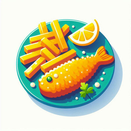 Fried fish with lemon and herbs on a plate. Vector illustration.のイラスト素材