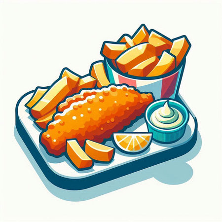 Fried fish with french fries and mayonnaise, vector illustrationのイラスト素材