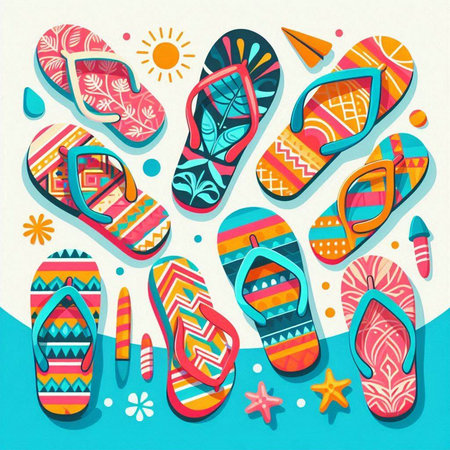 Set of colorful flip flops. Vector illustration in doodle style.のイラスト素材