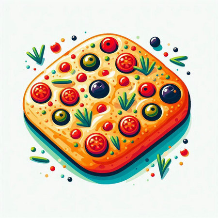 Illustration of pizza with tomato and olives on white background.のイラスト素材