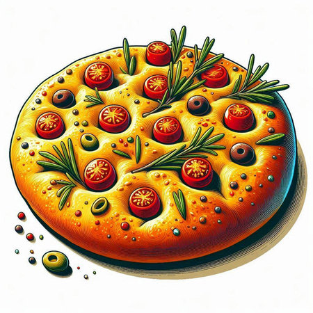 Illustration of a pizza with tomato, rosemary and olivesのイラスト素材
