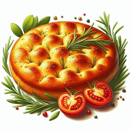Illustration of pie with tomatoes and rosemary on a white backgroundのイラスト素材