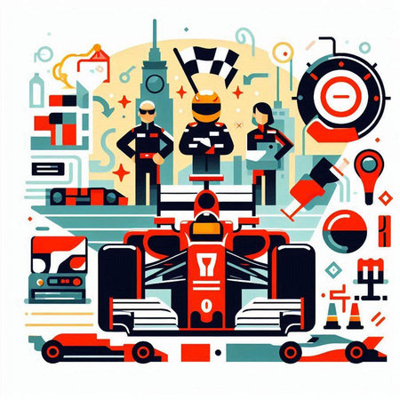Vector illustration of racing car with driver and crew. Flat style design.のイラスト素材