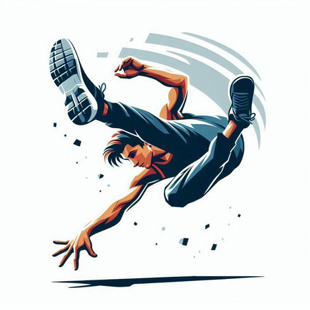 illustration of a breakdancer jumping in the air on a white backgroundのイラスト素材