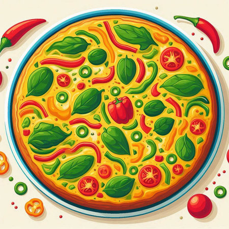 Pizza with tomato, pepper and basil. Vector illustration of pizza.のイラスト素材