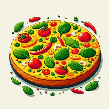 Pizza with tomatoes, basil, pepper and cheese. Vector illustration.のイラスト素材