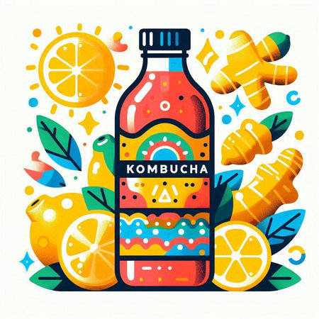 Kombucha drink in bottle with lemon, ginger and turmeric. Vector illustration.のイラスト素材