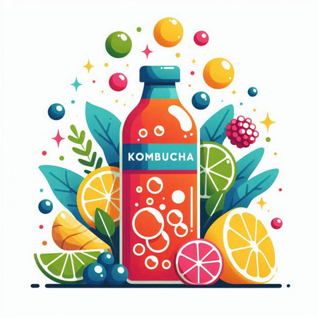 Vector illustration of a bottle of kombucha with fruits and berries.のイラスト素材