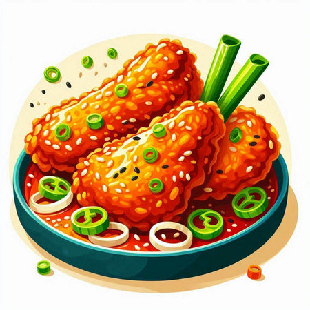 Illustration of fried chicken wings in tomato sauce with onion and spring onionのイラスト素材