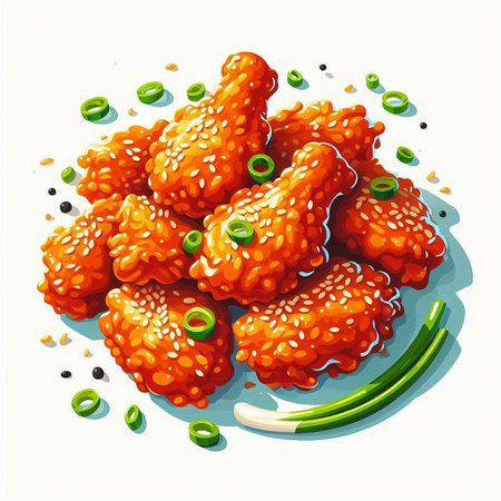Illustration of fried chicken wings with green onion and sesame seedsのイラスト素材