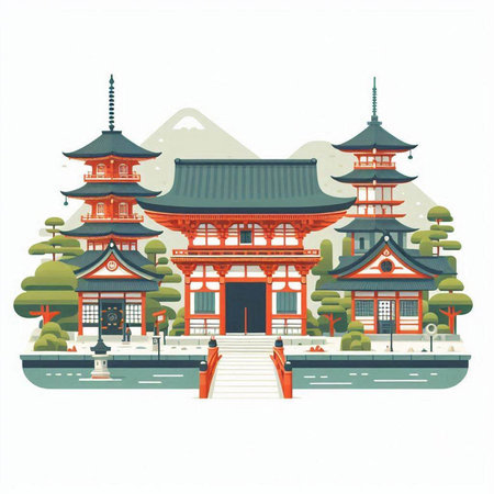 Traditional Japanese architecture. Vector illustration in flat design style on white background.のイラスト素材