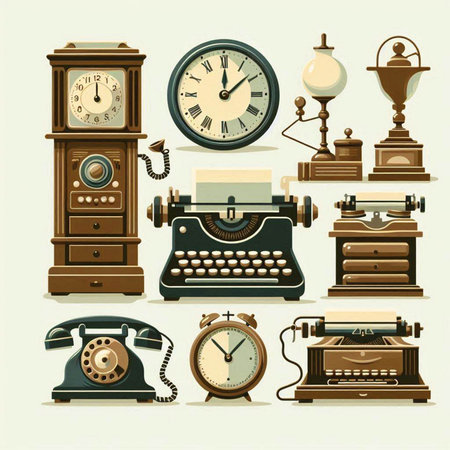 Vintage telephone and clock icons set. Vector illustration in retro styleのイラスト素材