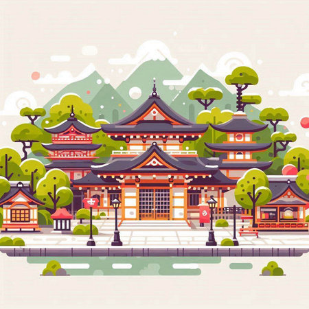Korean traditional architecture. Vector illustration in flat style. Travel concept.のイラスト素材