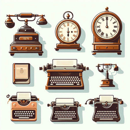 Retro vintage typewriter and clock icons set. Vector illustration.のイラスト素材
