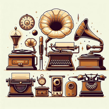 Vector illustration of retro gramophone, gramophone and other objects.のイラスト素材