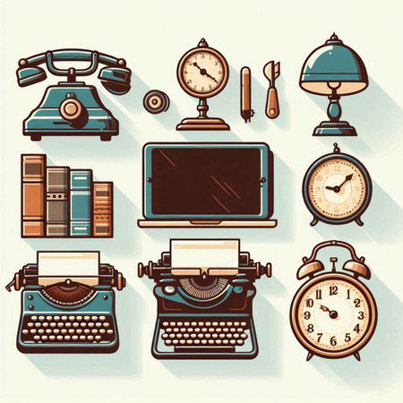 Retro icons set with old typewriter and clock. Vector illustrationのイラスト素材
