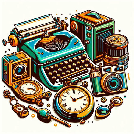 Vintage typewriter, camera, watch, alarm clock. Vector illustrationのイラスト素材