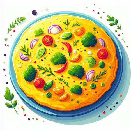 Illustration of a pizza with broccoli, tomato, onion and parsleyのイラスト素材