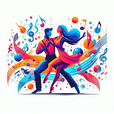Couple dancing tango in colorful music background. Vector illustration.のイラスト素材