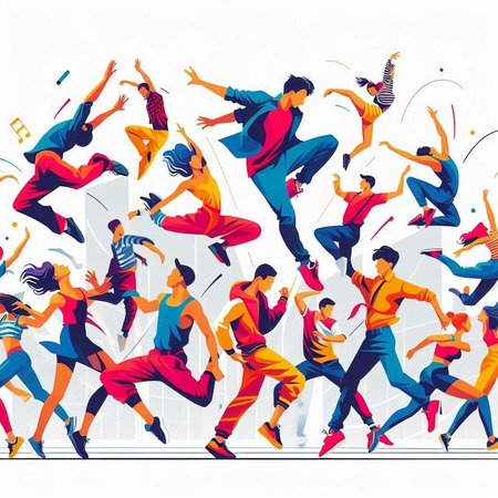 Crowd of dancing people. Colorful vector illustration in cartoon style.のイラスト素材