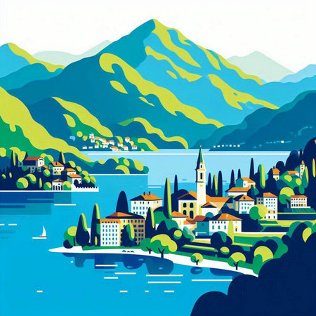 Landscape of Lake Maggiore, Italy. Vector illustration.のイラスト素材