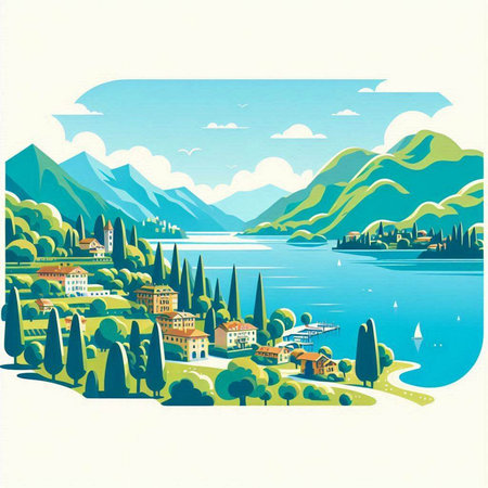 Beautiful landscape of Lake Como in Italy. Vector illustration.のイラスト素材