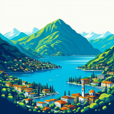 Landscape of the Lake Como, Italy. Vector illustration.のイラスト素材
