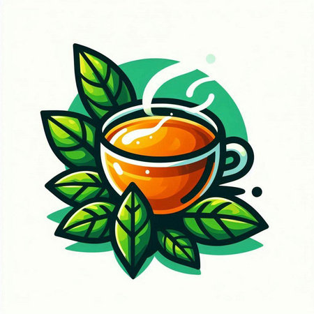 Cup of tea with green tea leaves on white background. Vector illustration.のイラスト素材